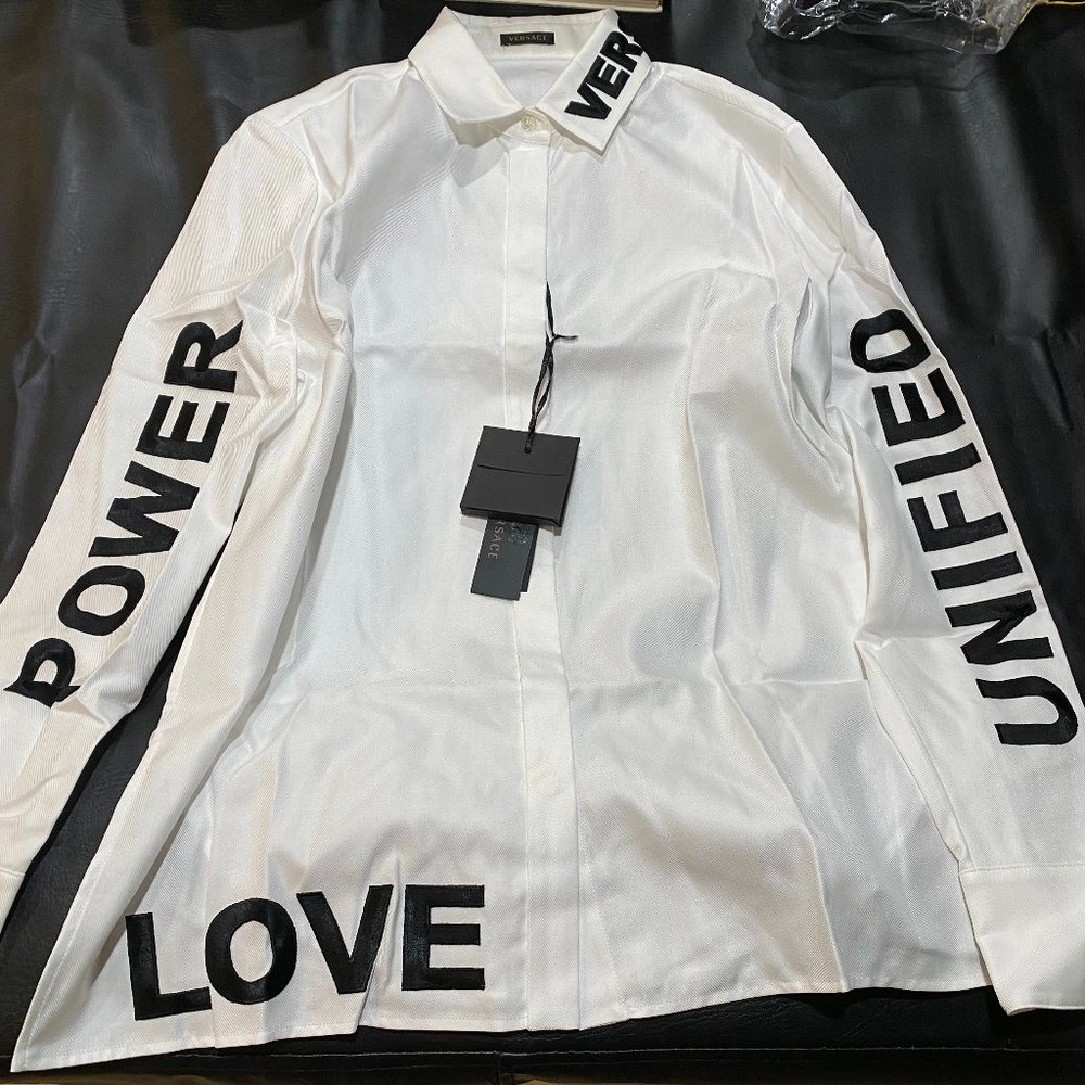 New VERSACE White 'Love, Power, Unified' Shirt